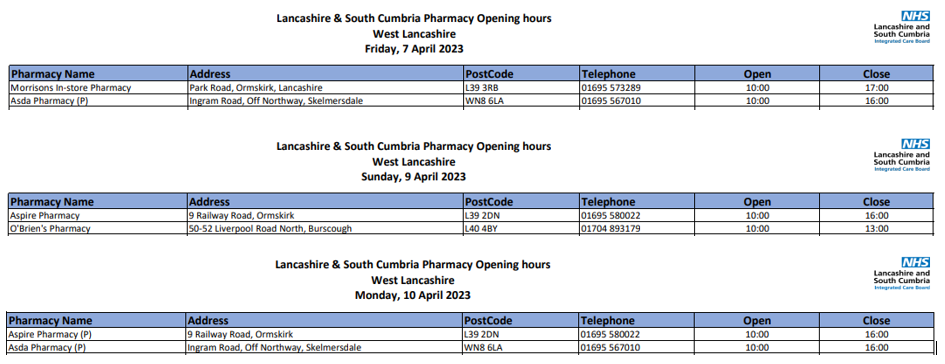 Pharmacy Opening Times - Easter Bank Holiday Weekend